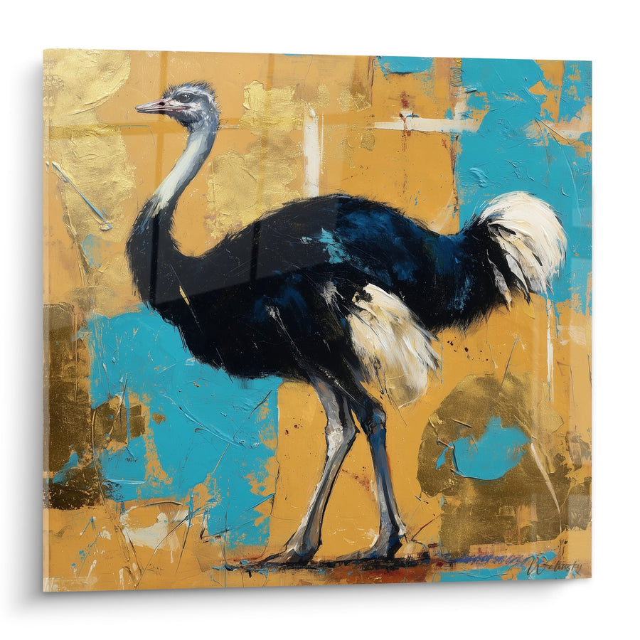 Tableau Autruche Noir et Blanc sur Fond Doré et Turquoise - Élégance Sauvage - Edition Autruche