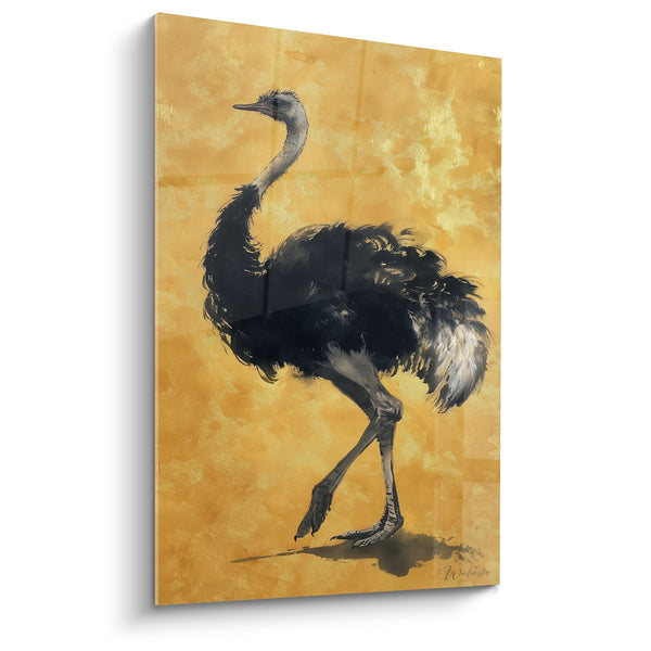 Tableau autruche noire aux plumes ébouriffées sur fond doré ocre - Majesté Sauvage - Edition Autruche