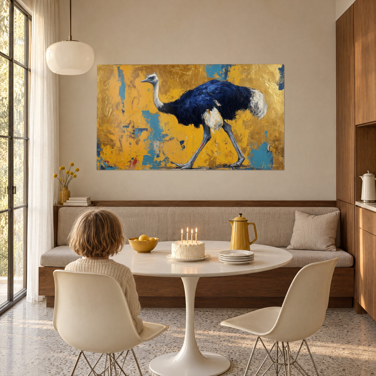 Tableau autruche mâle de profil, plumes bleu roi et plumeau blanc sur fond ocre et turquoise, enfant de dos devant un gâteau