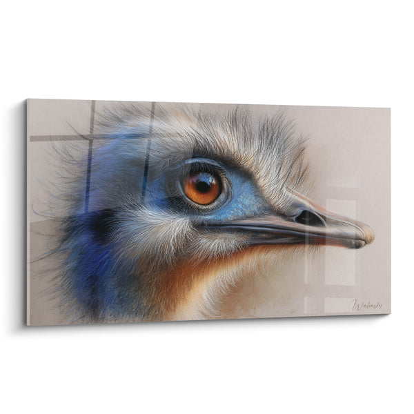 Tableau Autruche bleu ardoise et beige aux lignes géométriques - Plumes fines et bec effilé - Edition Autruche