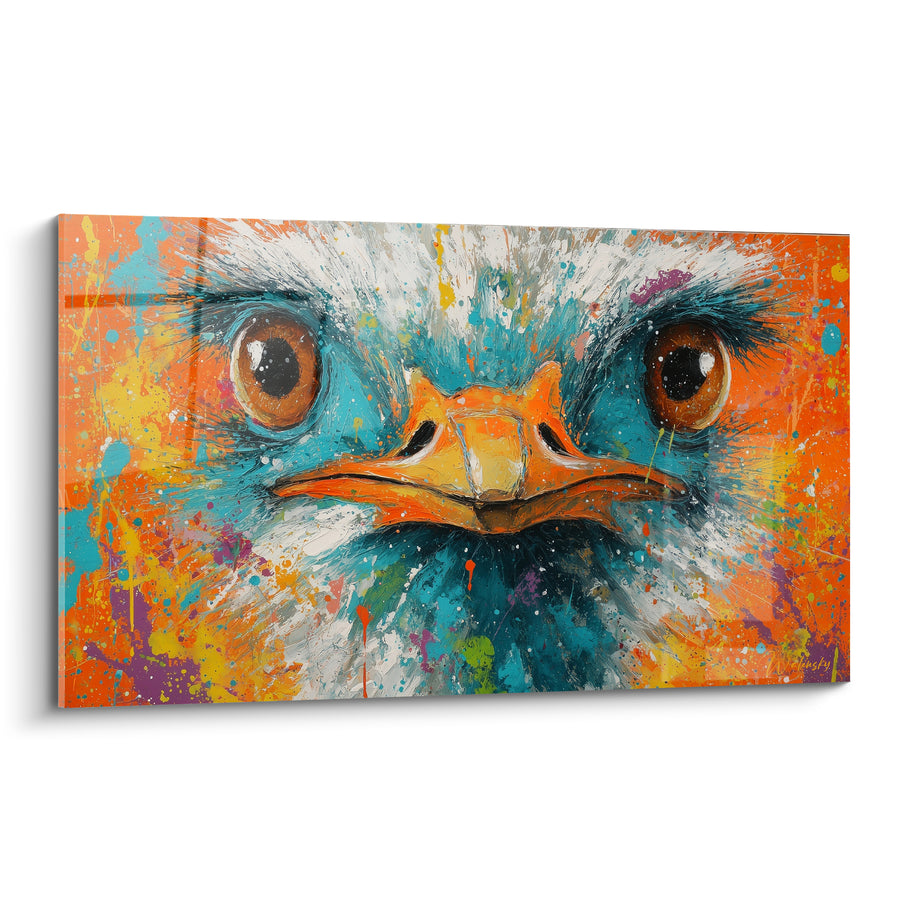 Tableau Autruche au bec orange et fond éclaboussé - Regard qui surprend - Edition Autruche