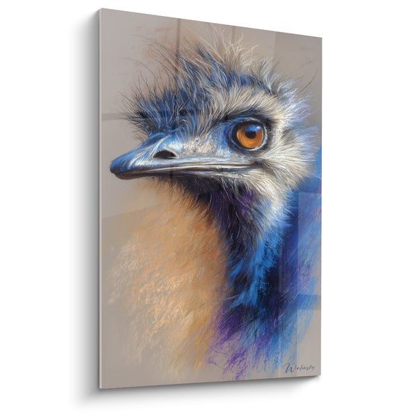 Schilderij Struisvogel met Blauwe en Gouden Veren - Intense Blik - Editie Struis