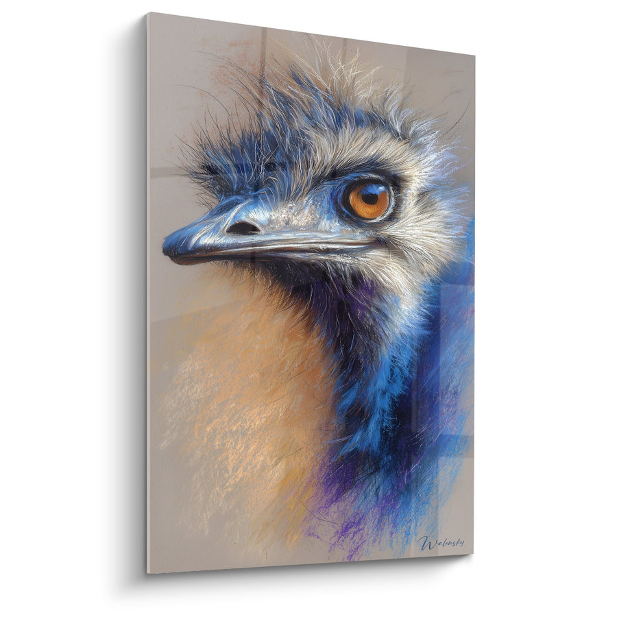 Tableau Autruche aux Plumes Bleues et Dorées - Regard Intense - Edition Autruche