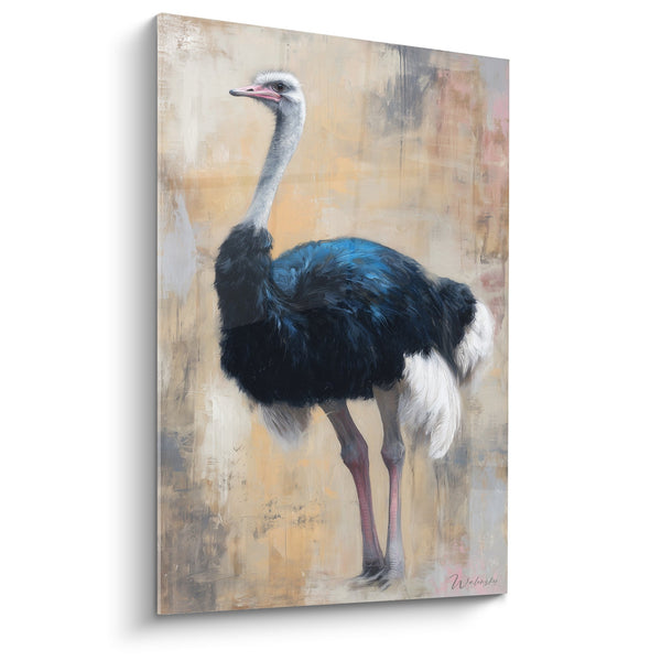 Schilderij Struisvogel met Zwarte en Blauwe Veren op Beigebruine Getextureerde Achtergrond - Natuurlijke Elegantie - Editie Struisvogel