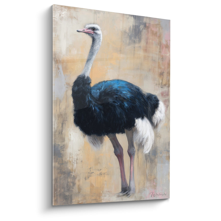 Tableau Autruche aux Plumes Noir et Bleu sur Fond Beige Texturé - Élégance Naturelle - Edition Autruche
