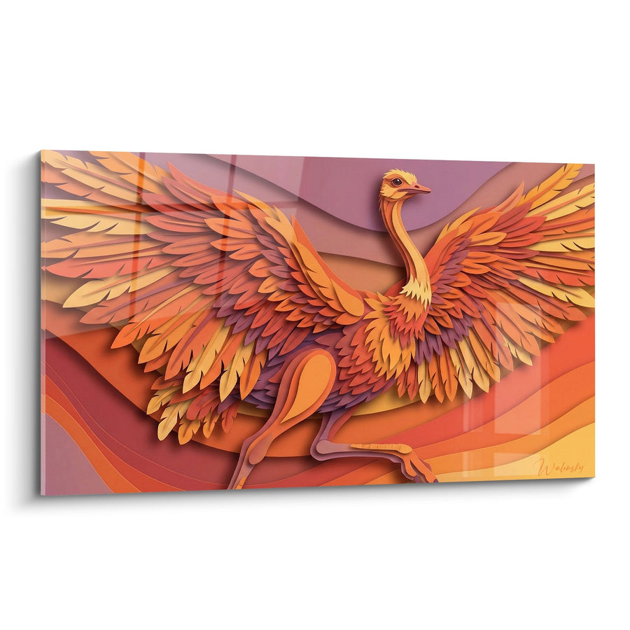 Tableau Autruche aux Plumes Flamboyantes Orange et Pourpre - Renaissance Dorée - Edition Autruche