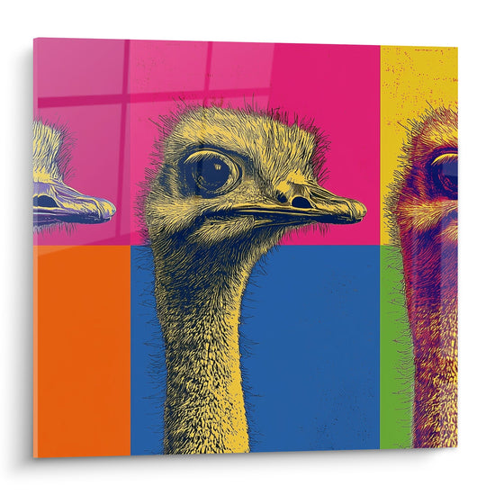 Kleurrijke Struisvogelkop Pop Art Schilderij Meerkleurig - Doordringende Blik - Struisvogel Editie
