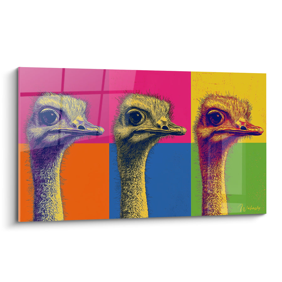 Tableau Autruche triptyque rose et orange - Triple portrait vibrant - Edition Autruche