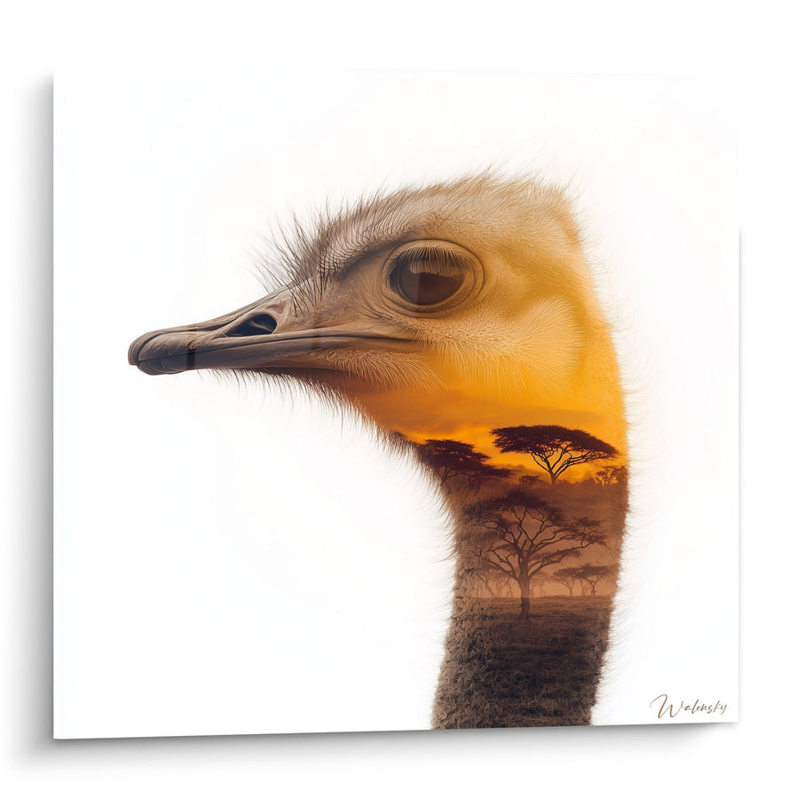 Tableau Tête d'Autruche aux Tons Dorés avec Paysage Africain - Fusion Sauvage - Edition Autruche