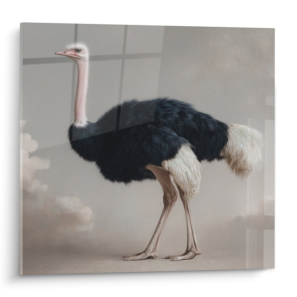 Zwart-wit struisvogel schilderij elegant portret beige achtergrond - natuurlijke gratie - struisvogel editie