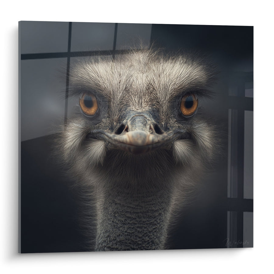 Tableau Autruche Face Caméra aux Yeux Ambrés et Plumage Ardoise - Fascination Sauvage - Edition Autruche