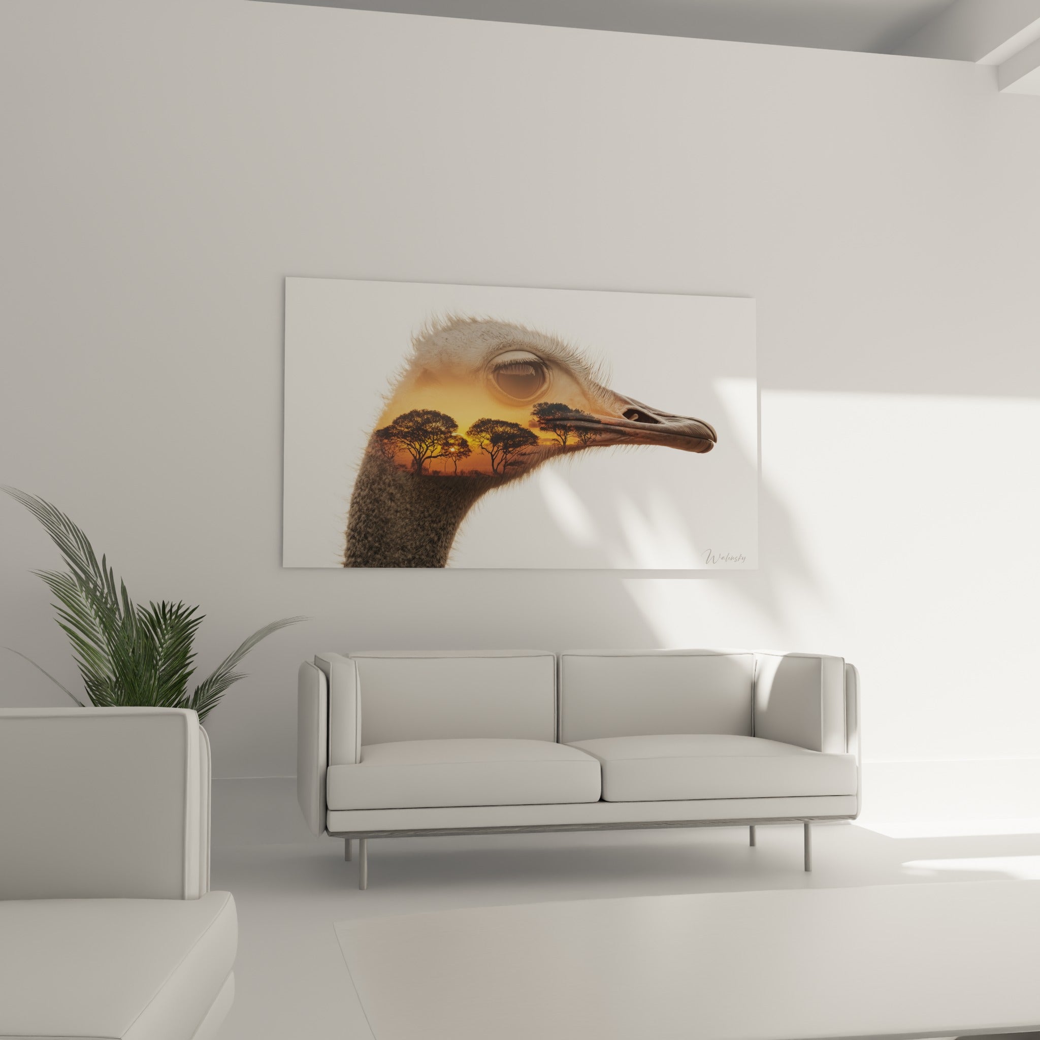 Profil d'autruche fusionné à un paysage orangé d'acacias, disposé au-dessus d'un canapé dans un salon lumineux