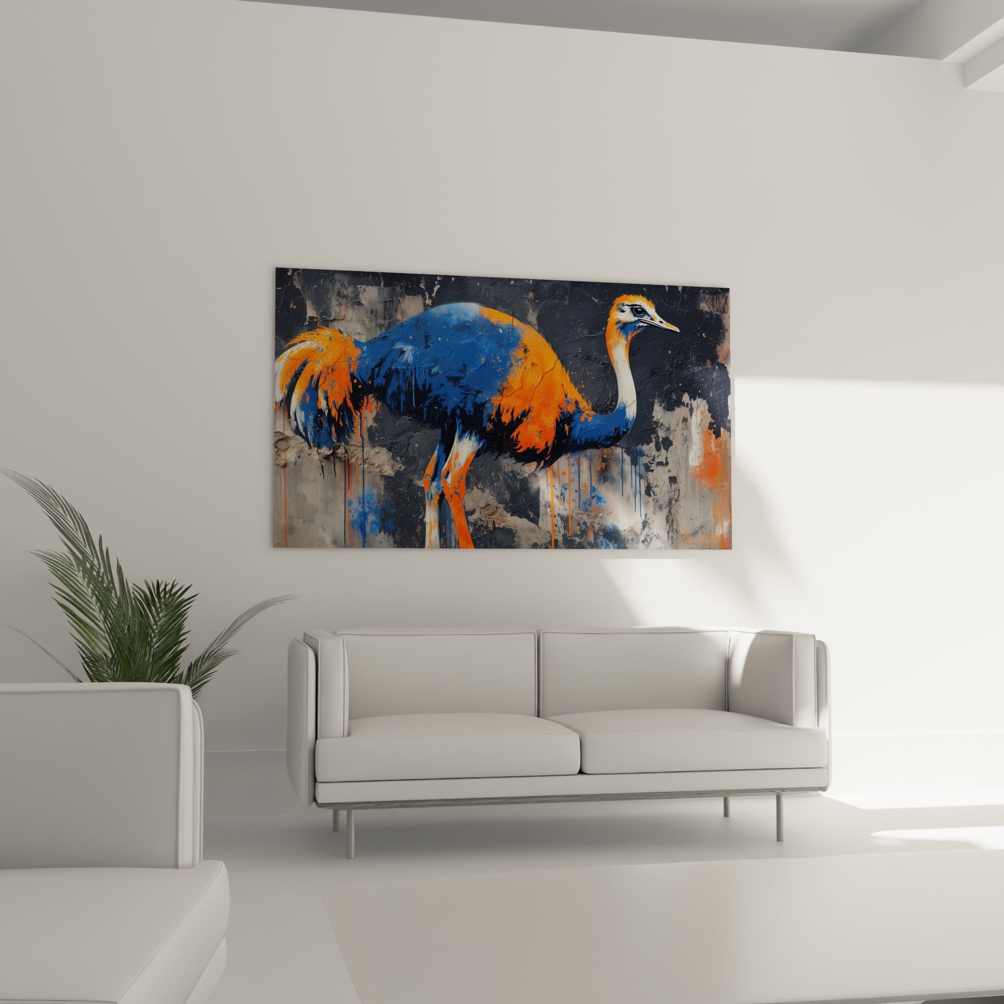 Oiseau autruche aux tons orange fauve et bleu marine suspendu au-dessus d'un canapé dans un salon lumineux
