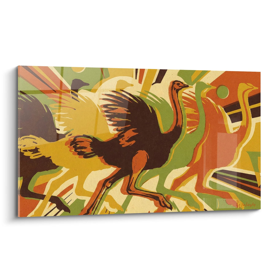 Tableau Autruche Stylisée aux Couleurs Chaudes et Mouvements Dynamiques - Élan Sauvage - Edition Autruche