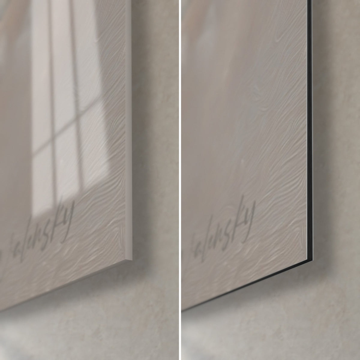 Gemälde eines riesigen Vogels mit schwarzem Gefieder, untere rechte Ecke: glänzendes Acrylglas links, mattes Dibond-Aluminium rechts, 3 mm Stärke