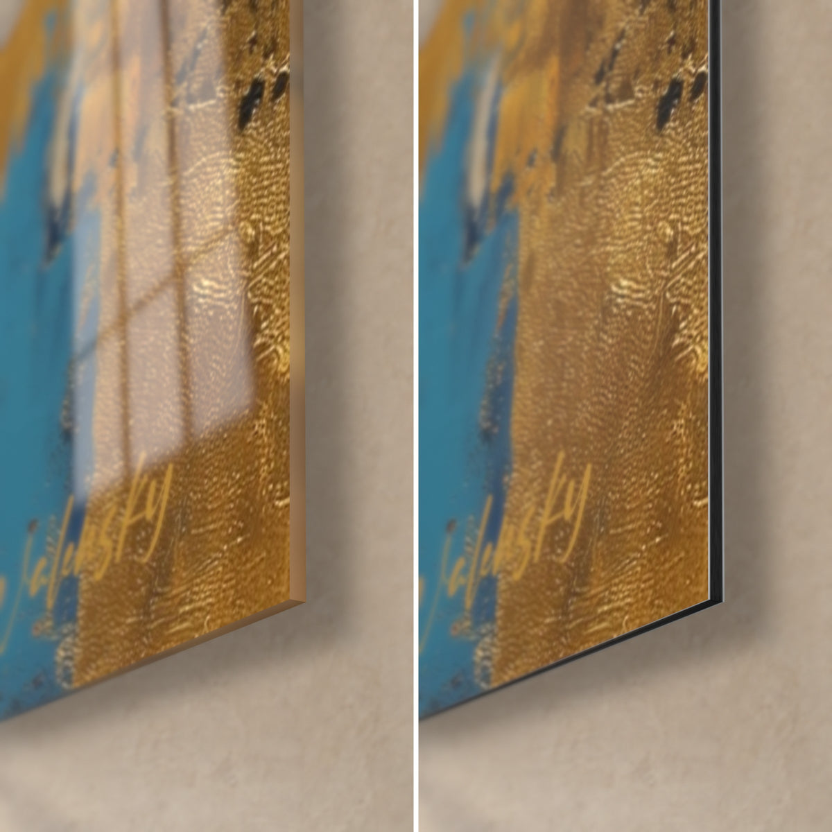 Tableau échassier au dos bleu nuit, coin bas droit : verre acrylique brillant à gauche, Dibond mat à droite, tranche de 3 mm
