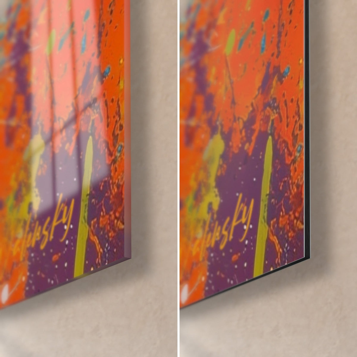 Schilderij struisvogel bespat met oranje en paars, rechtsonder: glanzend acrylglas links, mat Dibond-aluminium rechts