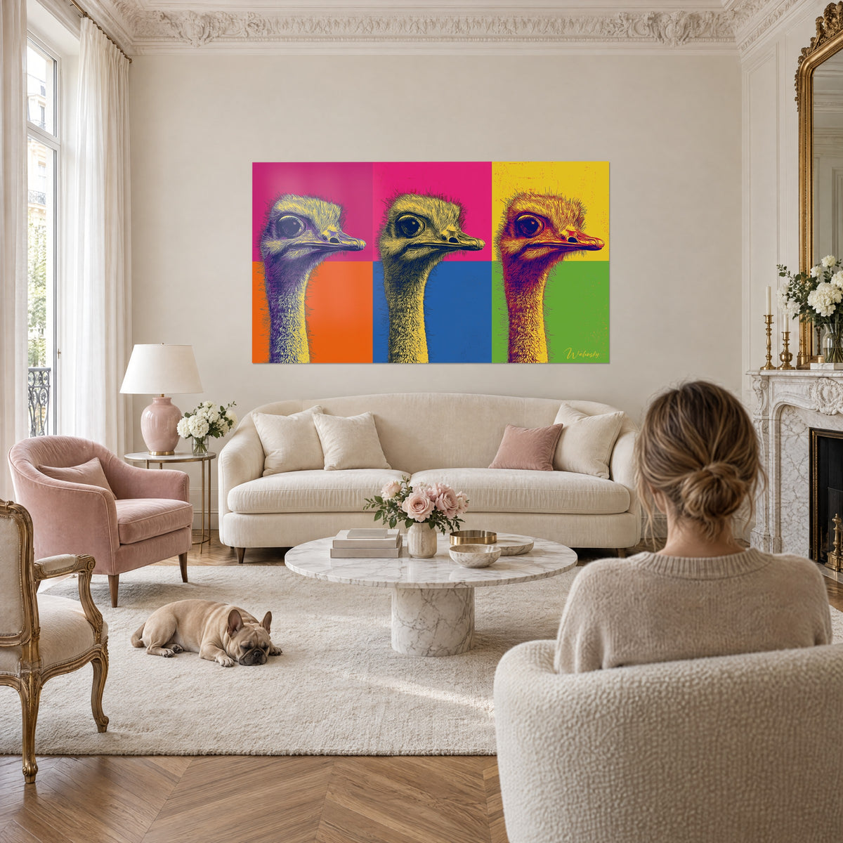 Πίνακας τρεις στρουθοκάμηλοι σε στιλ pop art, ροζ, πορτοκαλί και κίτρινα φόντα, λεπτό ράμφος, πάνω από καναπέ σε φωτεινό σαλόνι