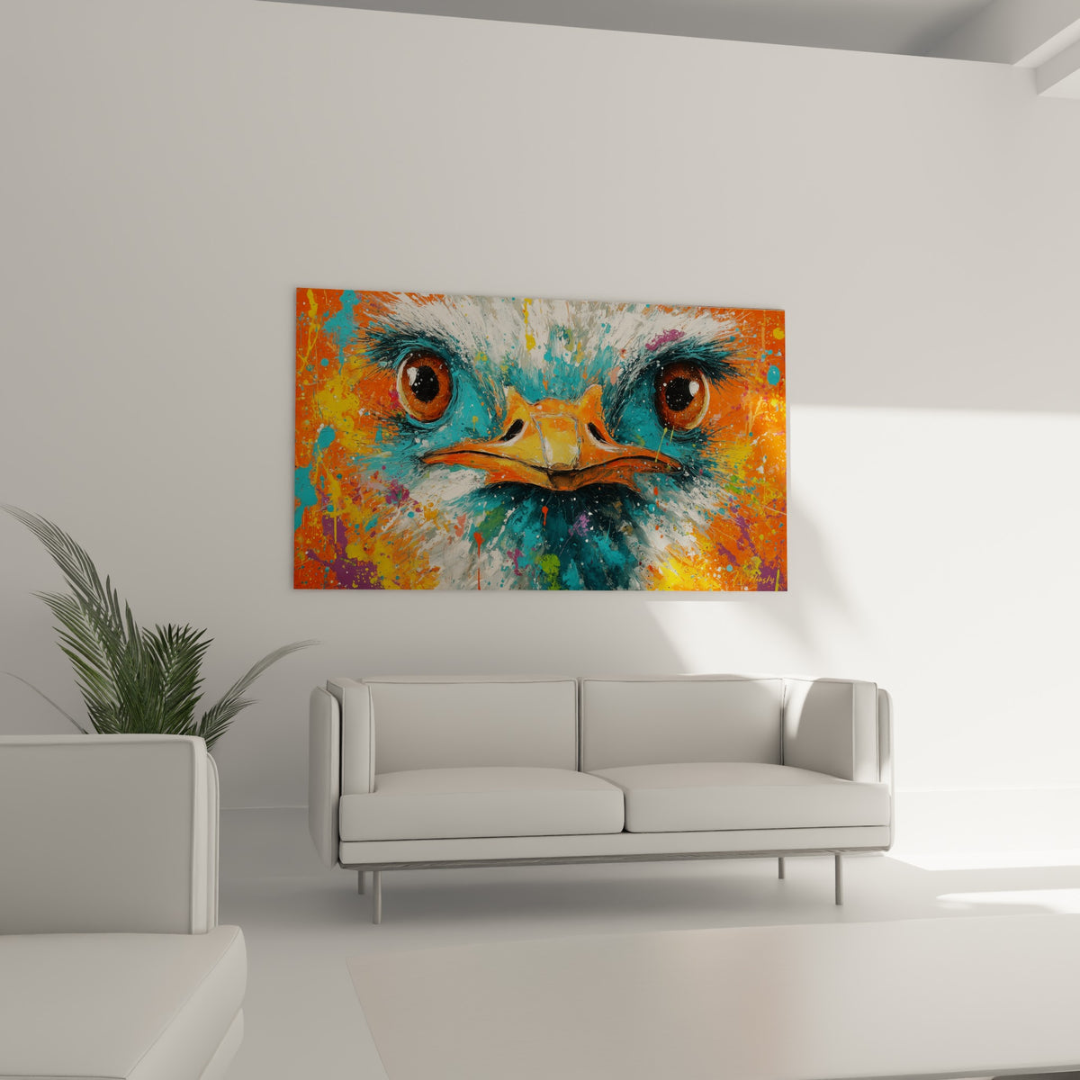 Portrait animalier orange et turquoise éclaboussé, au-dessus d'un canapé dans un salon lumineux.