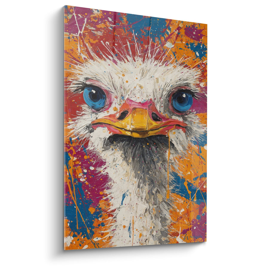 Tableau Autruche aux Yeux Bleus sur Fond Éclaboussures Multicolores - Regard Perçant - Edition Autruche