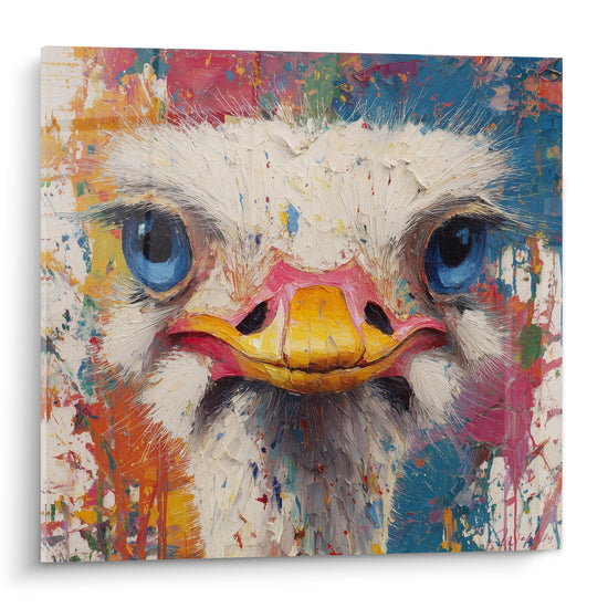 Schilderij Struisvogel met Doordringende Blauwe Ogen op een Spetterende Meerkleurige Achtergrond - Intense Blik - Struisvogel Editie