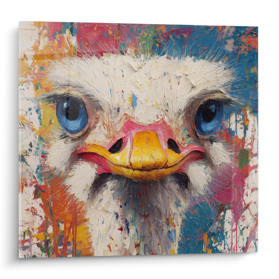Tableau Autruche aux Yeux Bleus Perçants sur Fond Multicolore Éclaboussé - Regard Intense - Edition Autruche