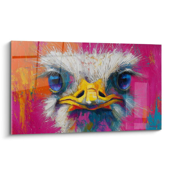 Tabel Schilderij van een Struisvogel met Helderblauwe Ogen op Meerkleurige Achtergrond - Doordringende Blik - Editie Struisvogel