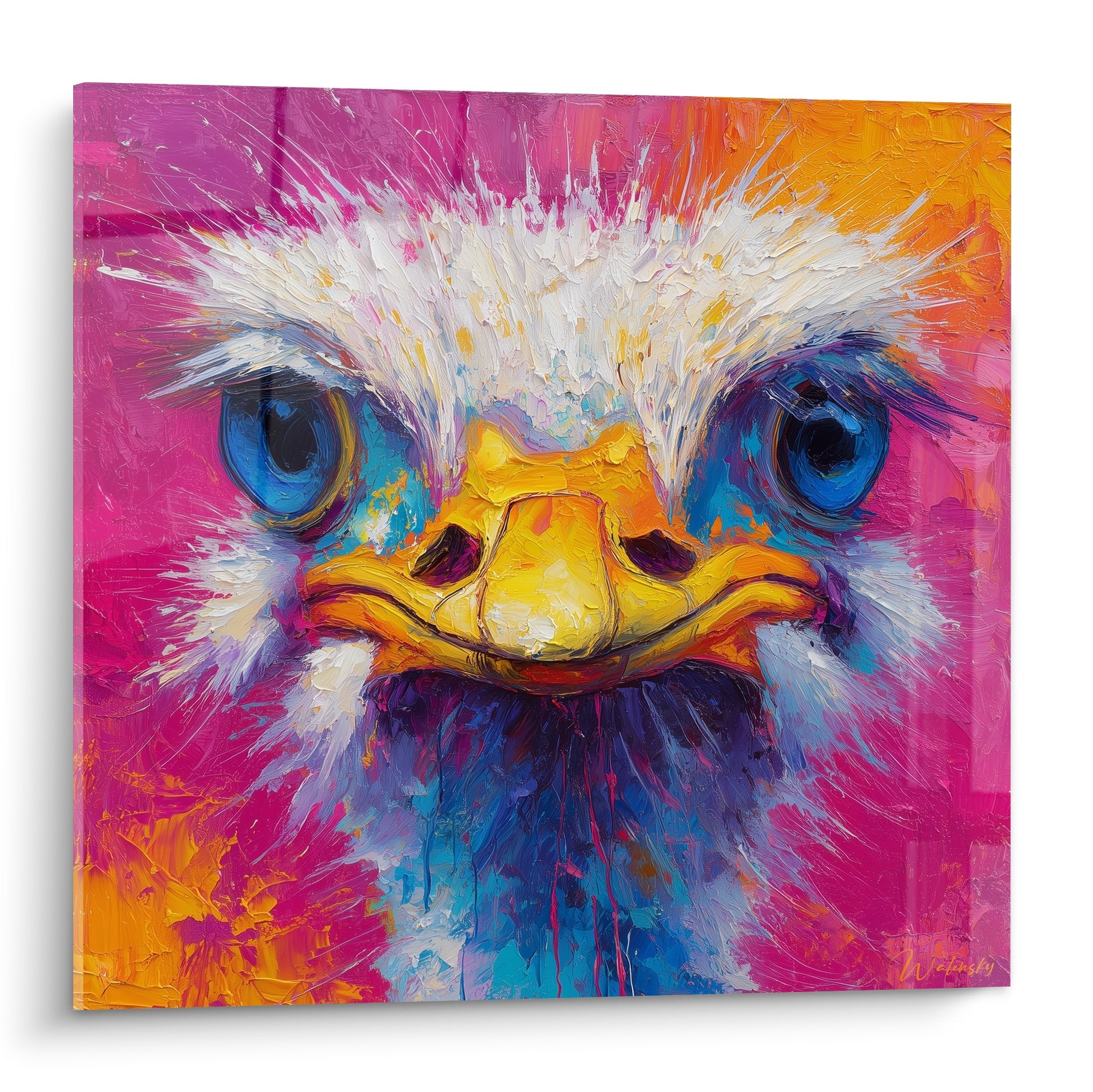 Tableau expressif autruche aux yeux bleus sur fond rose orange - art contemporain animalier coloré