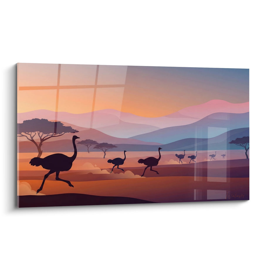Tableau Autruches en Course au Coucher de Soleil - Savane Dorée - Edition Autruche