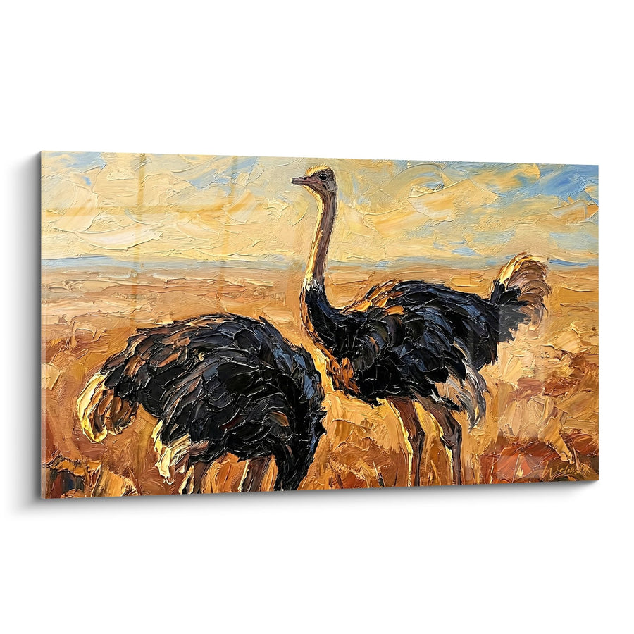 Tableau Deux Autruches dans Paysage Ocre aux Pinceaux Expressifs - Savane Dorée - Edition Autruche
