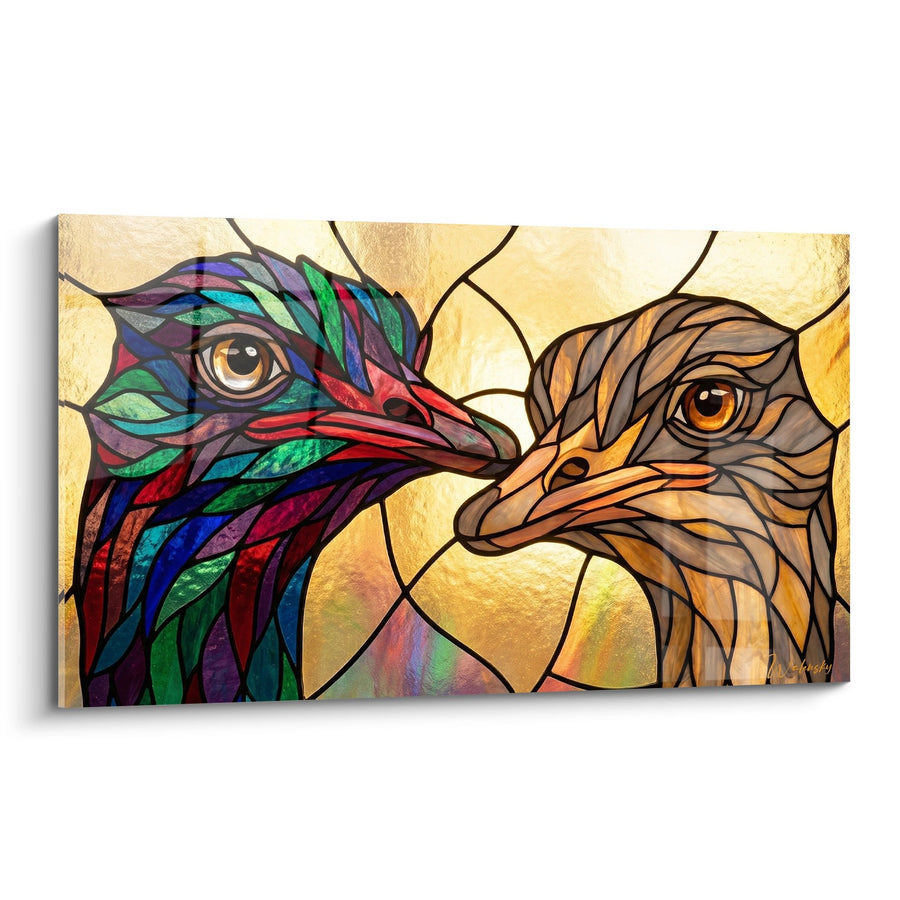 Tableau Duo d'Autruches Effet Vitrail Coloré et Doré - Harmonie Chromatique - Edition Autruche