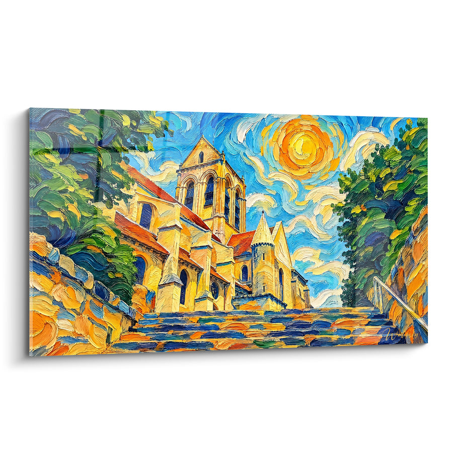 Painting Church with Ochre Pavement and Swirling Blue - Path to Light - Auvers-sur-Oise Ile-de-France Edition