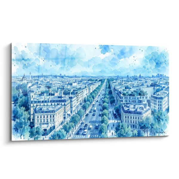 Tableau Avenue parisienne vue aérienne bleu vert - Envol urbain - Edition Avenue des Champs-Élysées Île-de-France  France