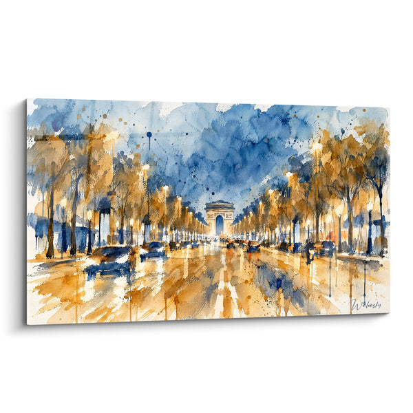 Schilderij Boog van Triomphe blauw gouden nacht - Nachtverlichting Parijs - Editie Avenue des Champs-Élysées Île-de-France Frankrijk