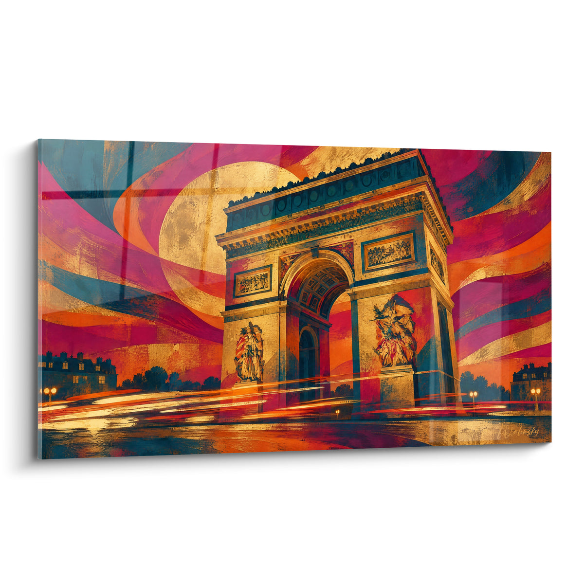 Arc de Triomphe doré se dresse parmi des tourbillons orange et magenta, pose frontale majestueuse