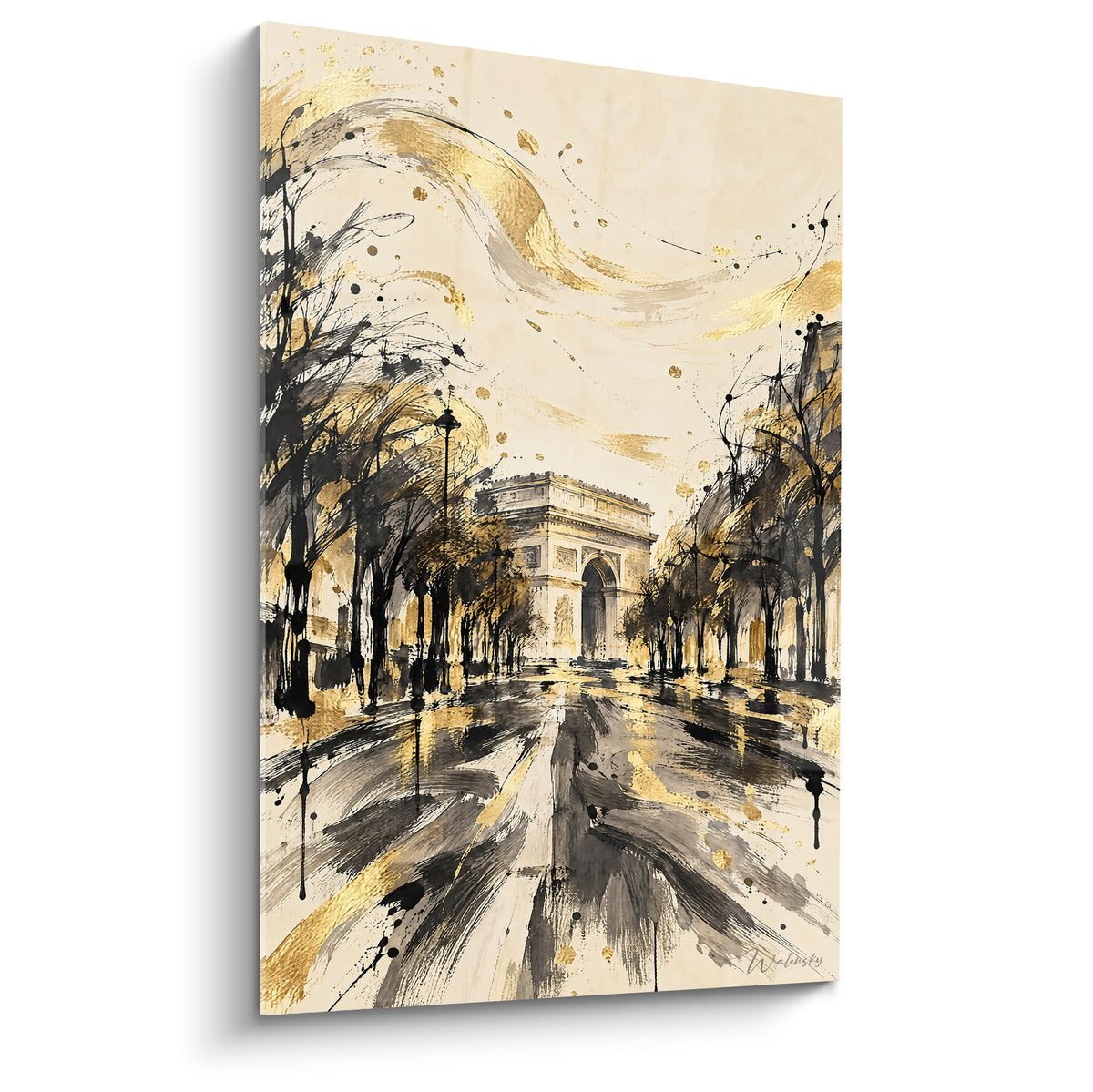 Cuadro Arco del Triunfo en tinta negra y dorada sobre fondo marfil, perspectiva parisina estilizada y gráfica