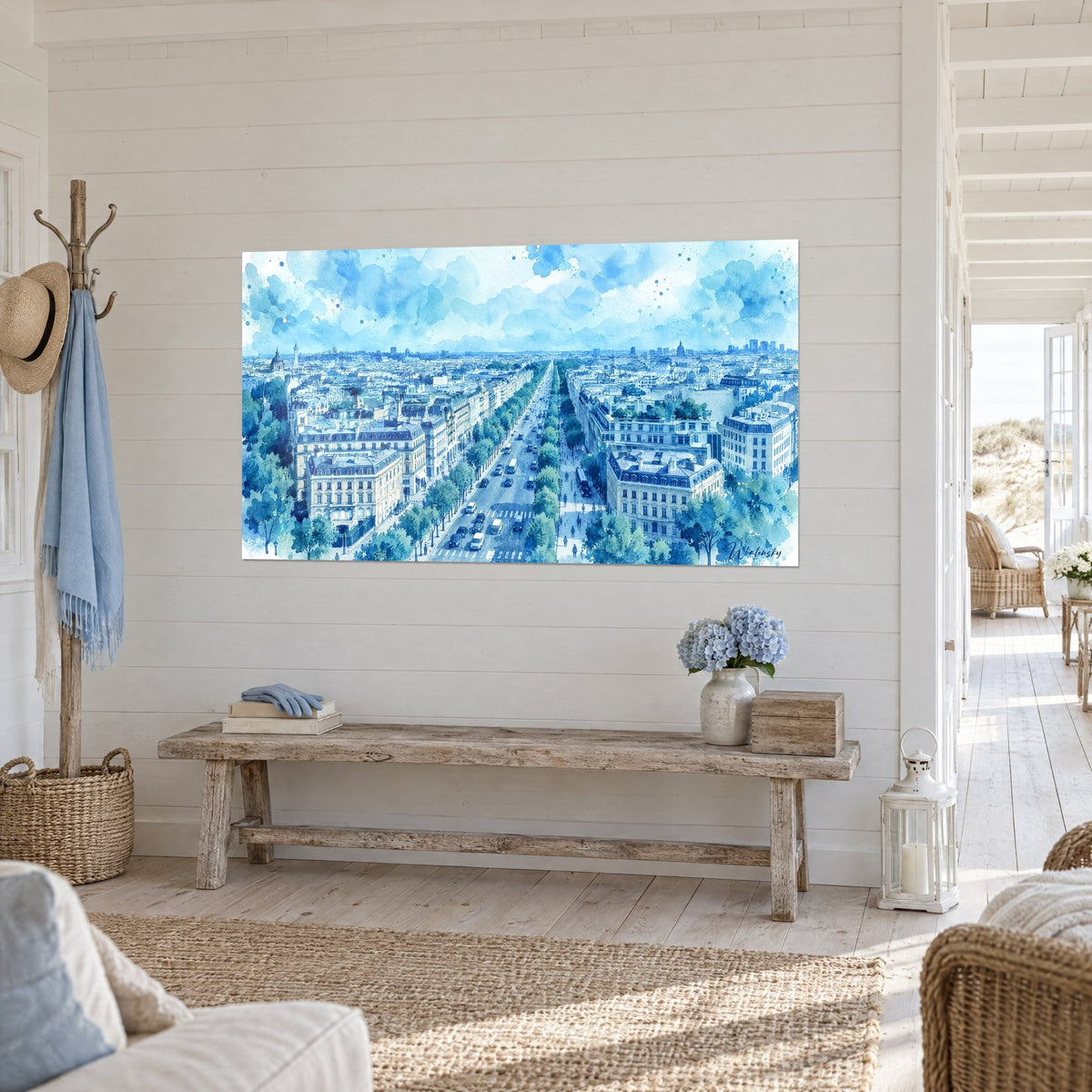 Quadro panorama aereo di Parigi, tetti grigio ardesia e cielo azzurro nuvoloso, su un rivestimento in legno bianco accanto a una panca