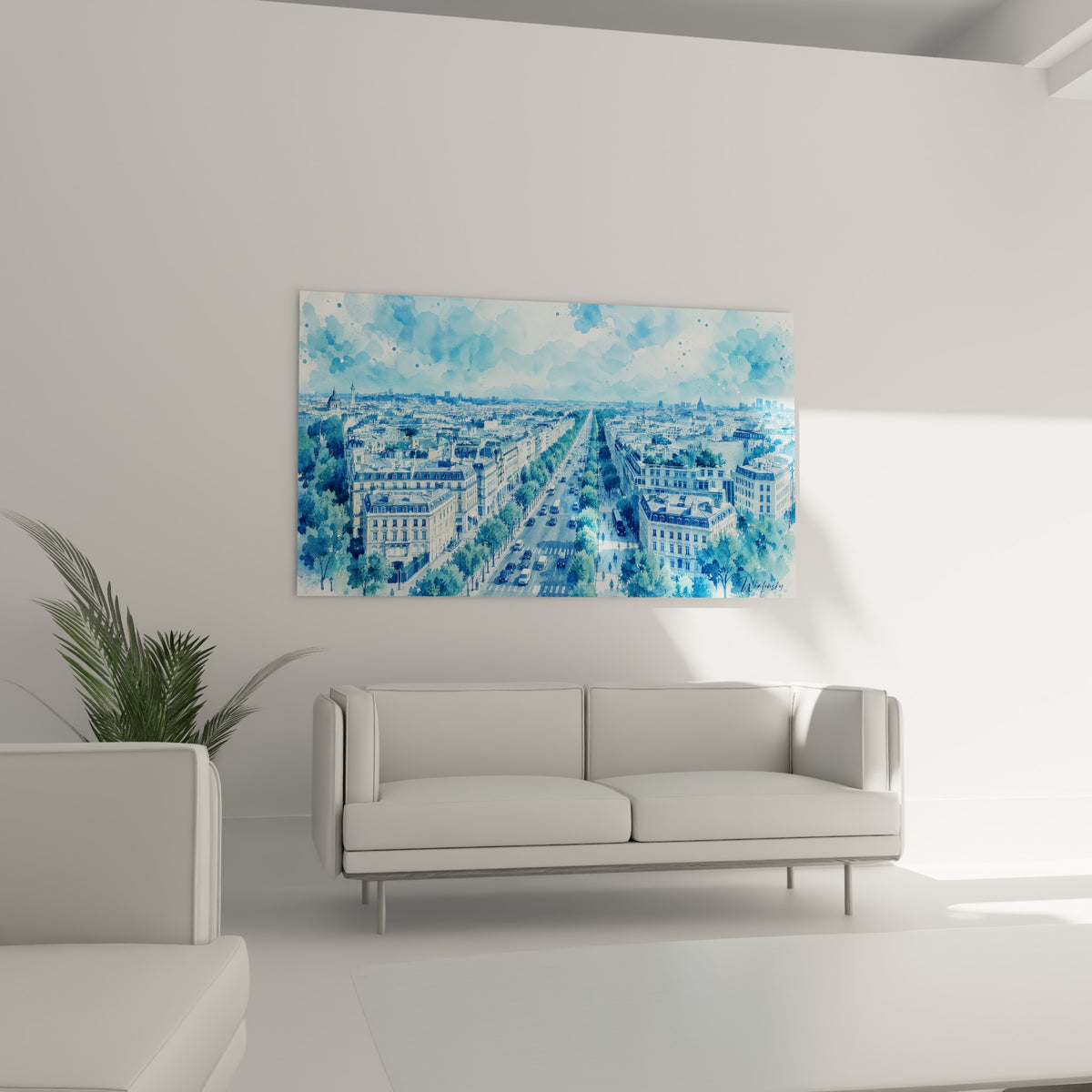 Ciel nuageux bleu et toits parisiens en aquarelle verte, accrochée au-dessus d'un canapé dans un salon lumineux