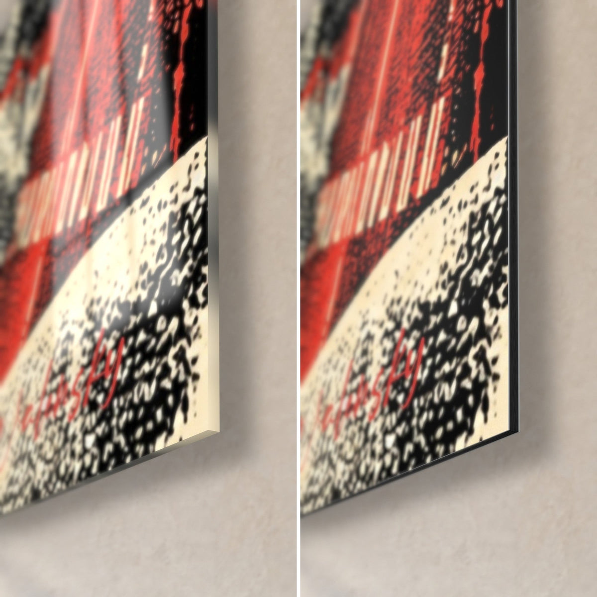 Wall art red and black avenue seen from above, lower right corner, glossy acrylic glass and matte Dibond, 3 mm black edge