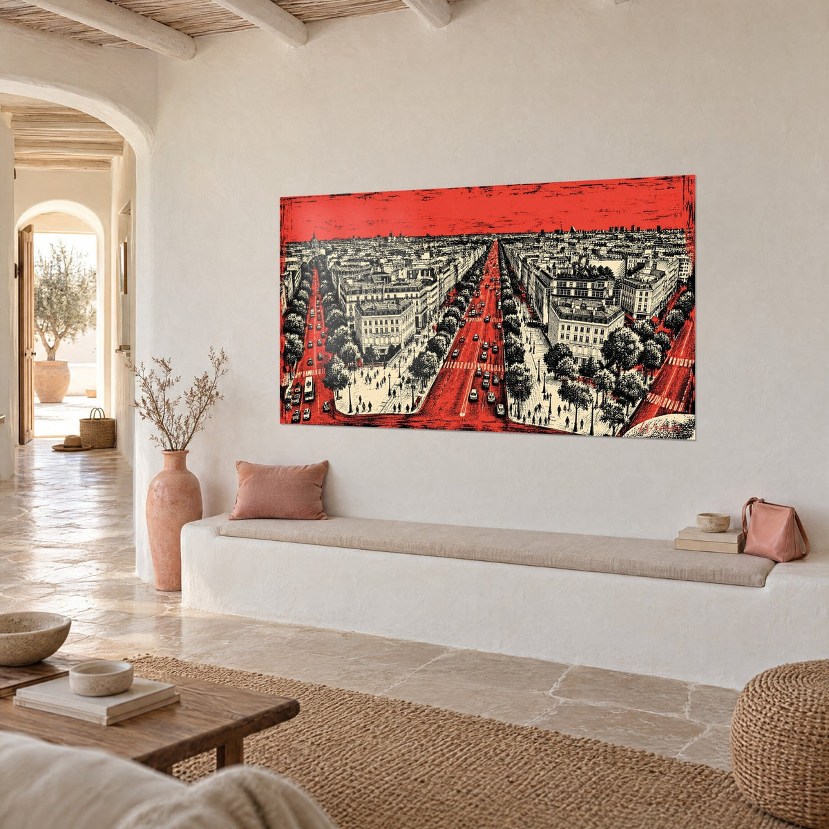 Wall art aerial view of a Parisian avenue, vermilion red sky and cream rooftops, above a rounded white bench seat
