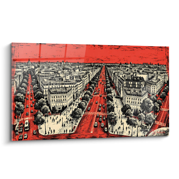 Tableau Avenue parisienne vue aérienne rouge et noire - Pulsation urbaine - Edition Avenue des Champs-Élysées Île-de-France  France