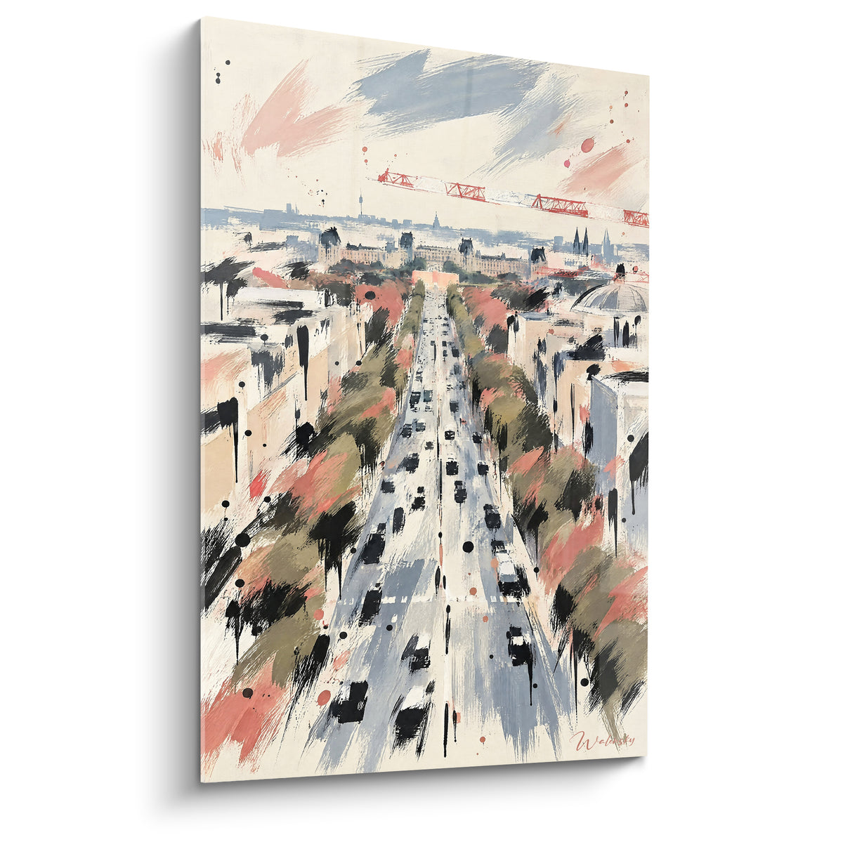 Avenue des Champs-Élysées peinte en rose et bleu pastel, perspective aérienne vers l'Arc de Triomphe