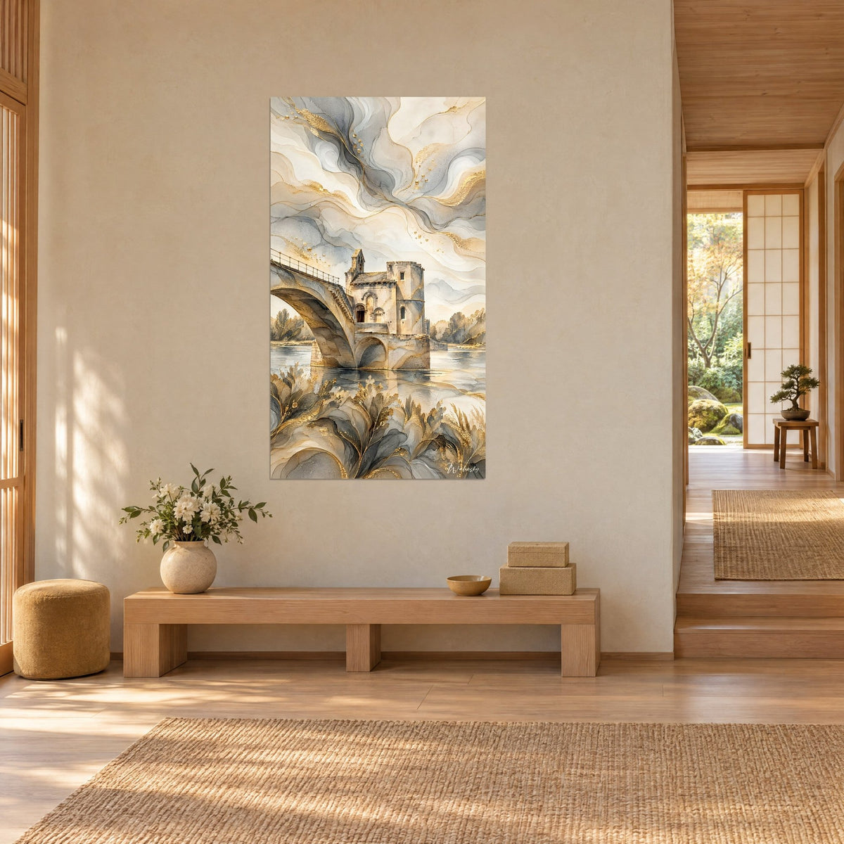 Tableau arche de pierre et chapelle sur le Rhône, vagues de gris perle et filets d'or, vue de trois-quarts dans un séjour japandi