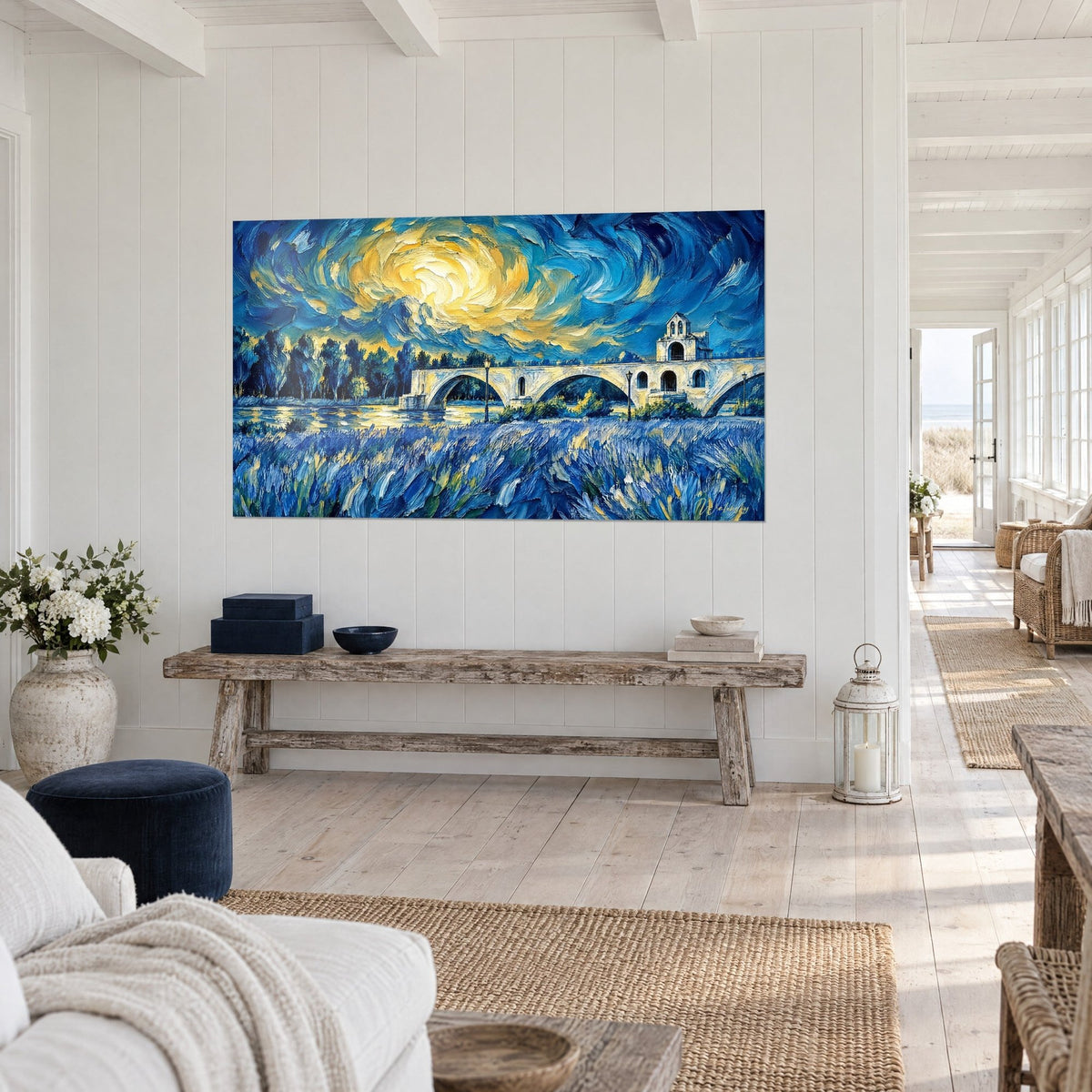 Wall art ivory stone arches under a swirling yellow sun, indigo lavender in the foreground, three-quarter view, seaside