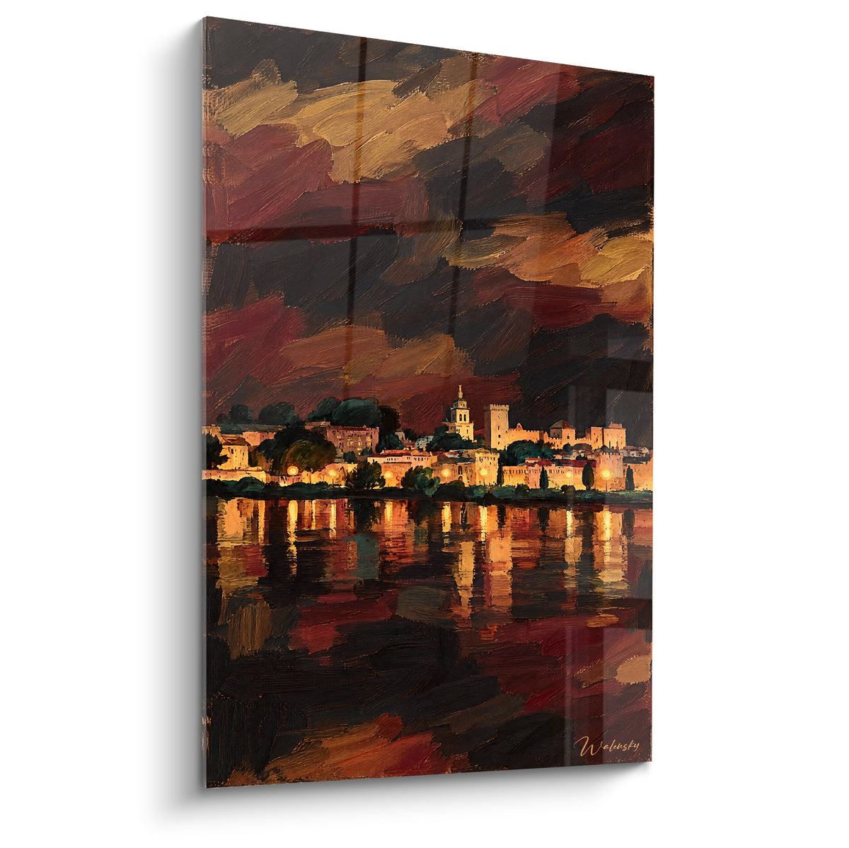 Tableau cité d'Avignon illuminée en doré, ciel rouge et anthracite, reflets sur le fleuve au crépuscule