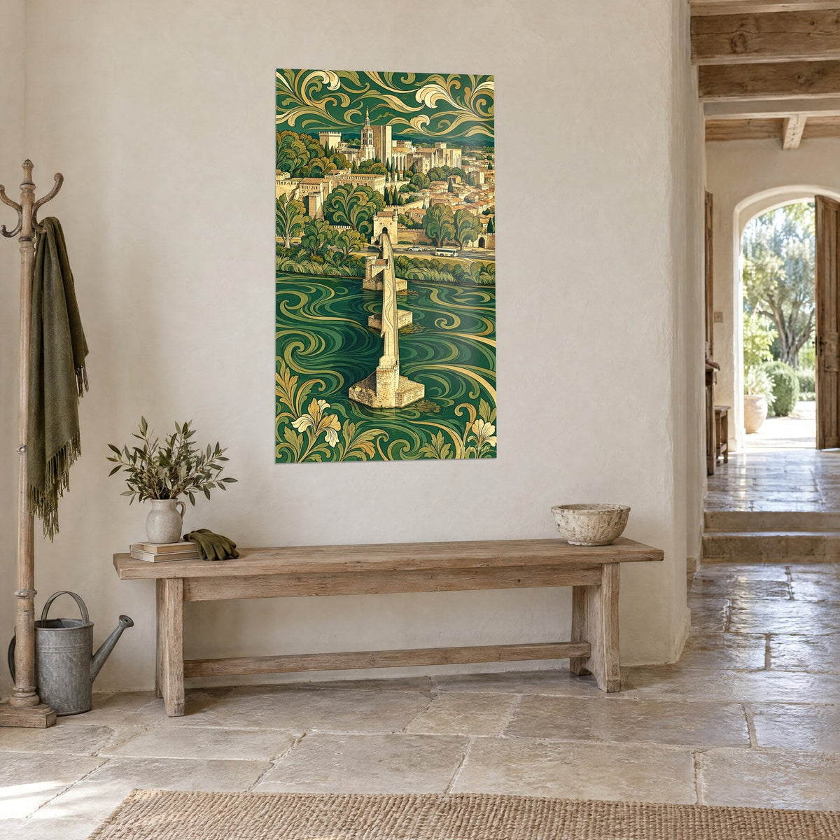 Tableau Pont Saint-Bénezet doré sur eaux vert sapin, remparts ocre et feuillages en volutes, vu de trois quarts, console en bois clair
