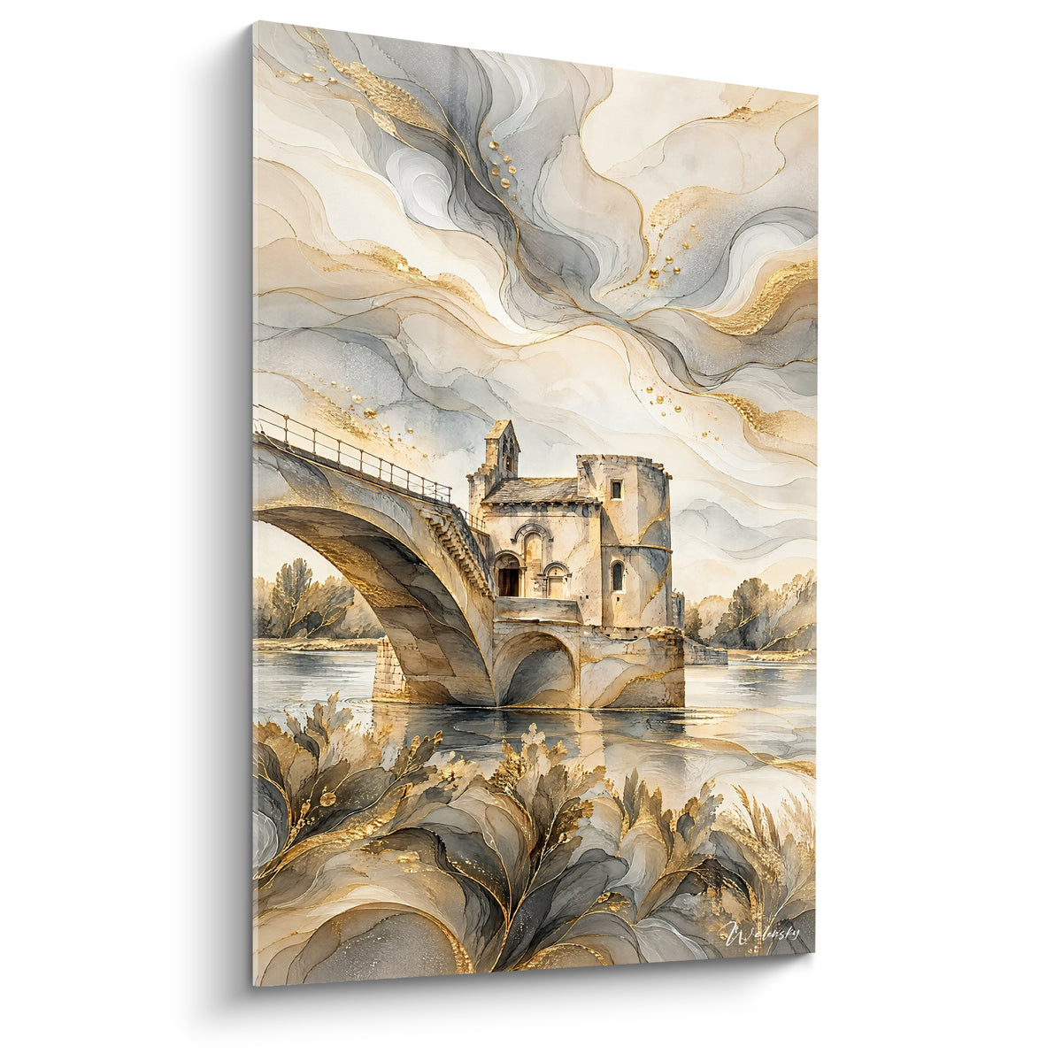Tableau pont Saint-Bénezet doré et gris anthracite peint en aquarelle tourbillonnante sur fond ocre