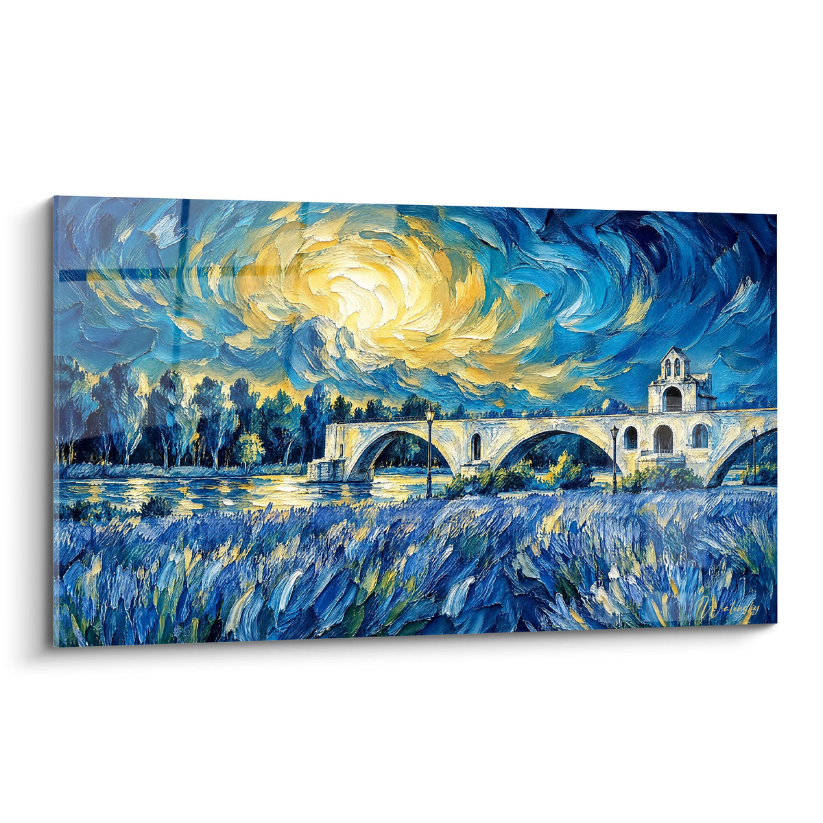 Wall art of the Pont Saint-Bénezet in Avignon in swirling navy blue and golden yellow brushstrokes on canvas
