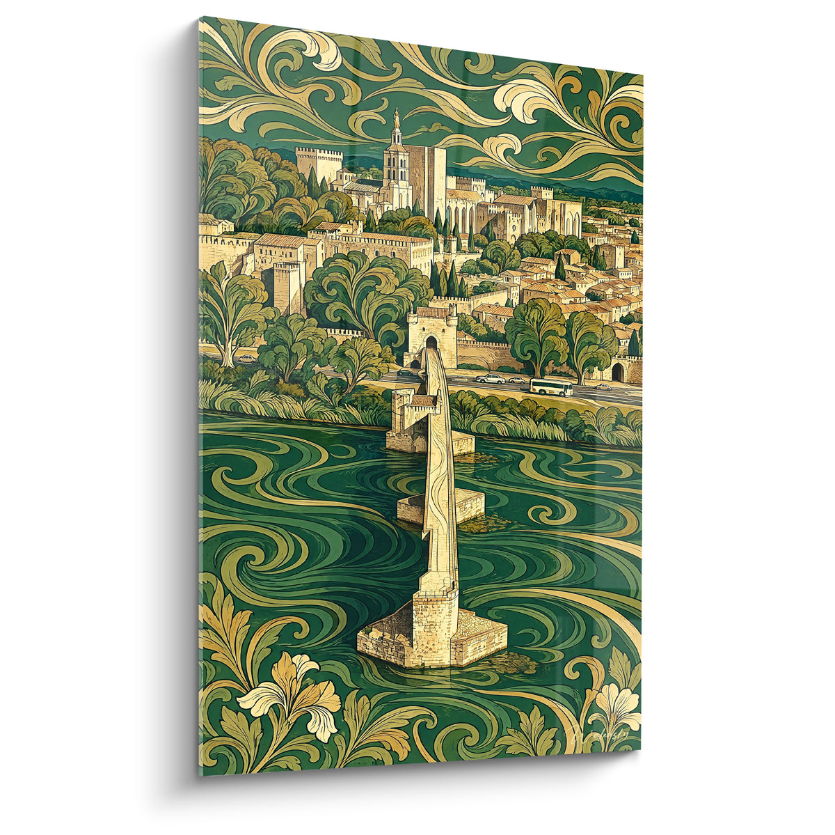 Tableau pont Saint-Bénezet vert et doré, arabesques stylisées autour du palais des Papes en crème