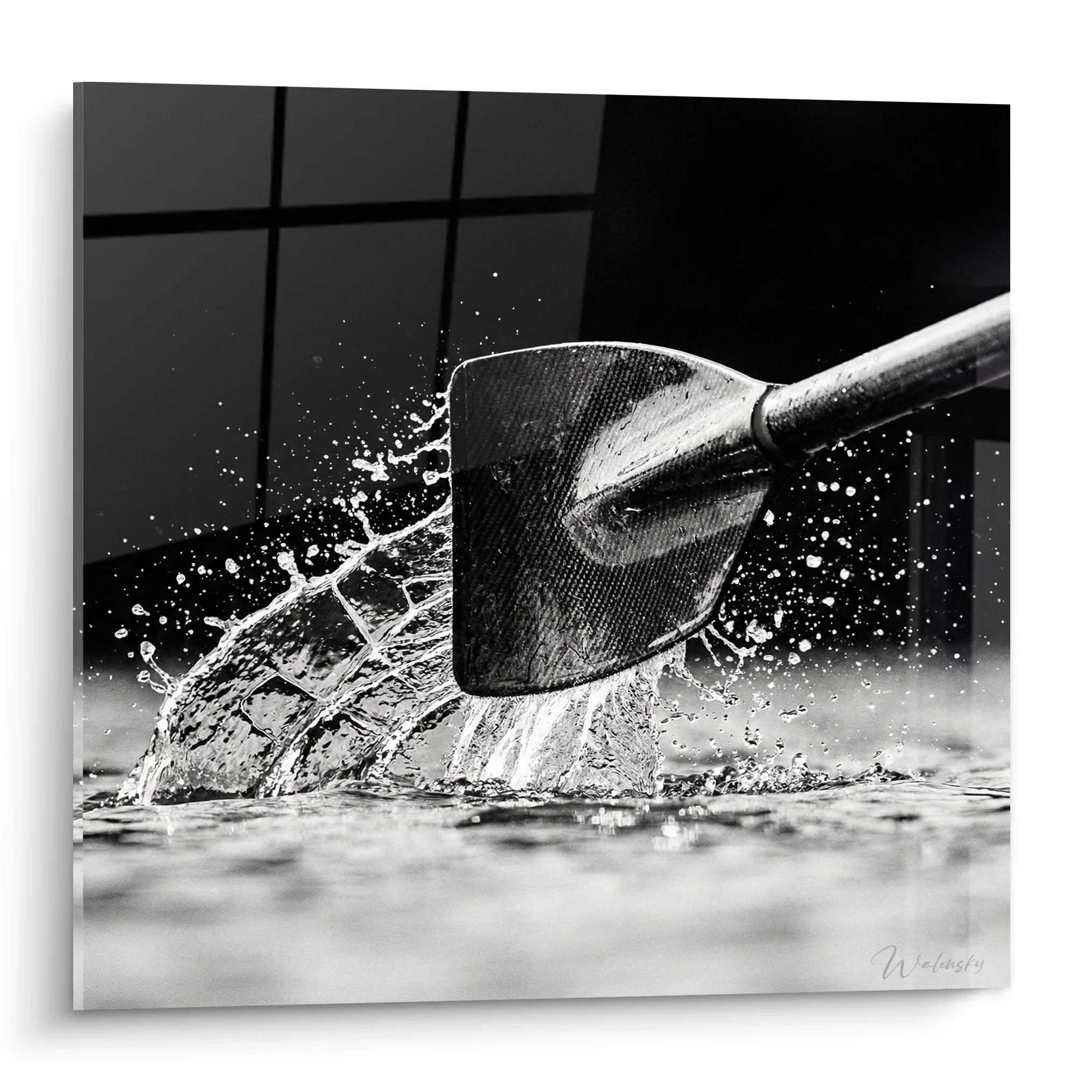 Tableau aviron action dynamique noir blanc avec rame fendant l'eau en explosion de gouttelettes
